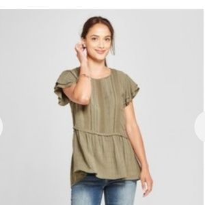 Flutter Sleeve Textured Lace Back Top Olive